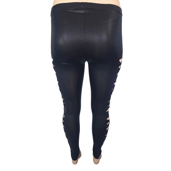 MIDNIGHT RADIANCE - 2XL/3XL - Wet Look Black Leggings with Intricate Side Cuts - Picture 3 of 6